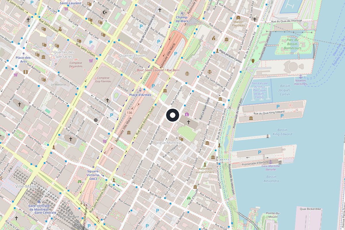 Carte du Vieux-Montréal indiquant le 500, Place d'Armes, bureau de Belleau Avocat